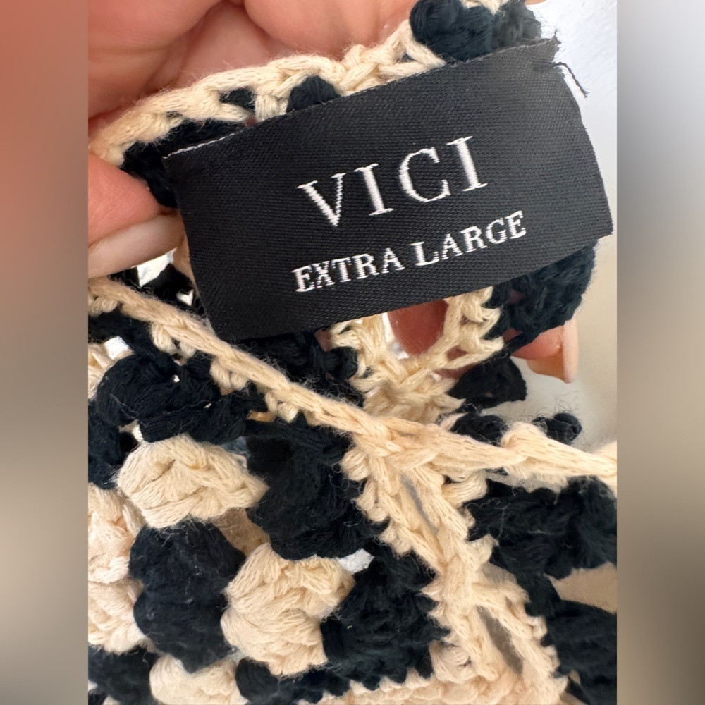 VICI Solana Patchwork Crochet Mini Cover Up Dress Black Ivory Sz X-Large E25 - Picture 14 of 15